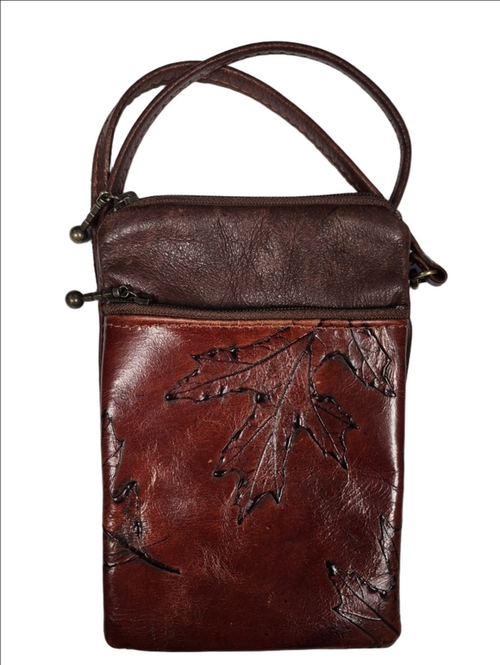 Atelier V Cuir Vintage Embossed Maple Leaf Leather Crossbody Pouch Bag